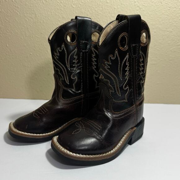 EUC Old West Toddler Boys Brown Corona Calf Leather Square Toe Cowboy Boots 5.5 - Picture 1 of 7